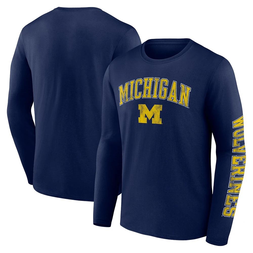 Men's Fanatics Navy Michigan Wolverines Distressed Arch Over Logo Long Sleeve T-Shirt