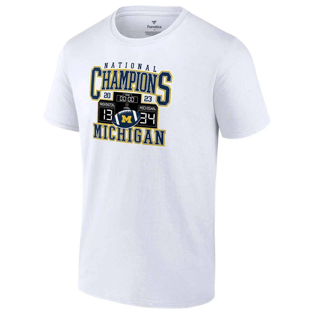 T-shirt blanc avec tableau de bord des champions nationaux éliminatoires football universitaire Michigan Wolverines Fanatics pour hommes 2023