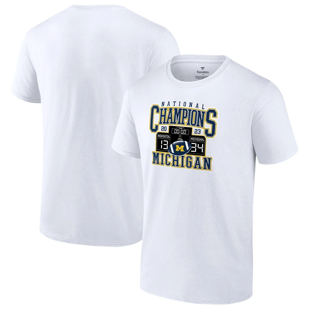 T-shirt blanc avec tableau de bord des champions nationaux éliminatoires football universitaire Michigan Wolverines Fanatics pour hommes 2023