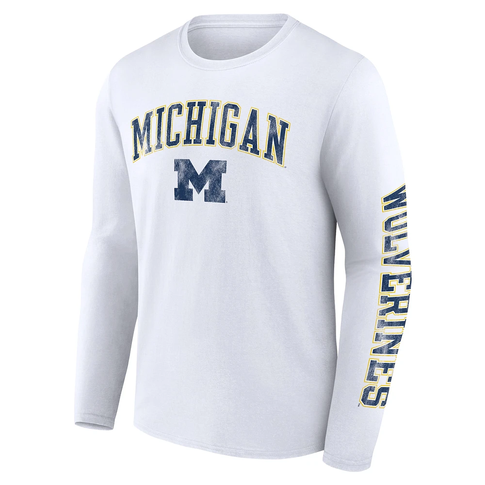 Men's Fanatics White Michigan Wolverines Distressed Arch Over Logo Long Sleeve T-Shirt