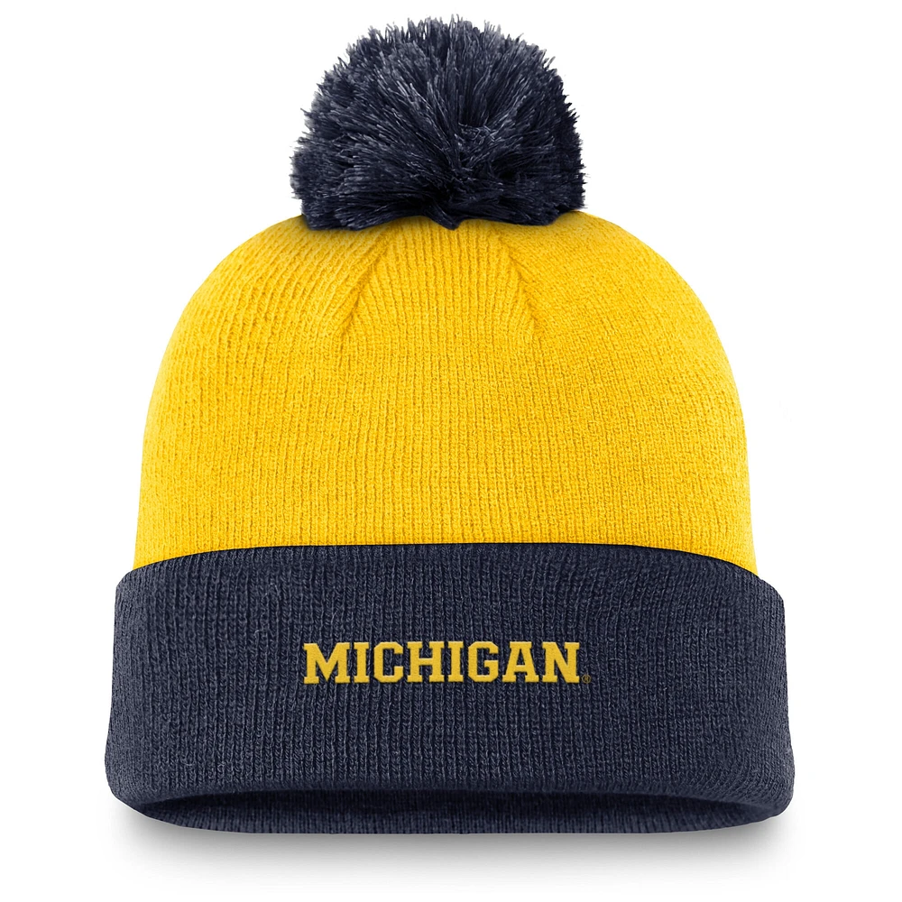 Bonnet en tricot à revers et pompon Jordan Brand pour homme, couleur maïs/bleu marine, Michigan Wolverines Peak