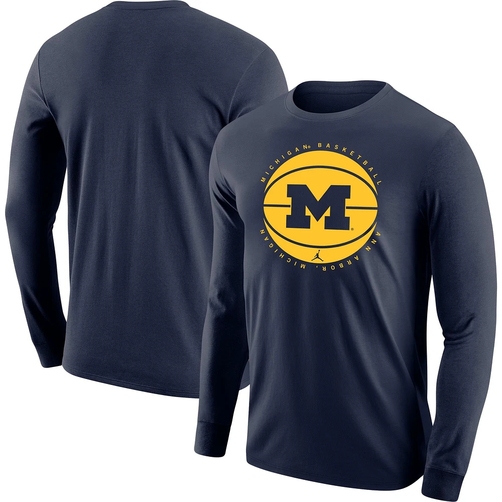 T-shirt de basket-ball à manches longues Jordan Brand pour hommes, bleu marine, Michigan Wolverines