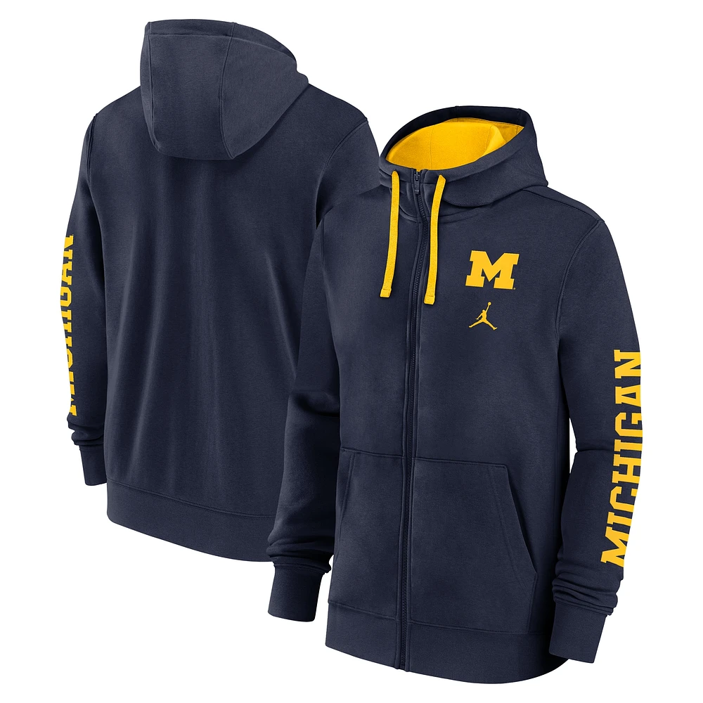 Sweat à capuche entièrement zippé pour homme Jordan Brand Michigan Wolverines Primetime Primary Mascot bleu marine