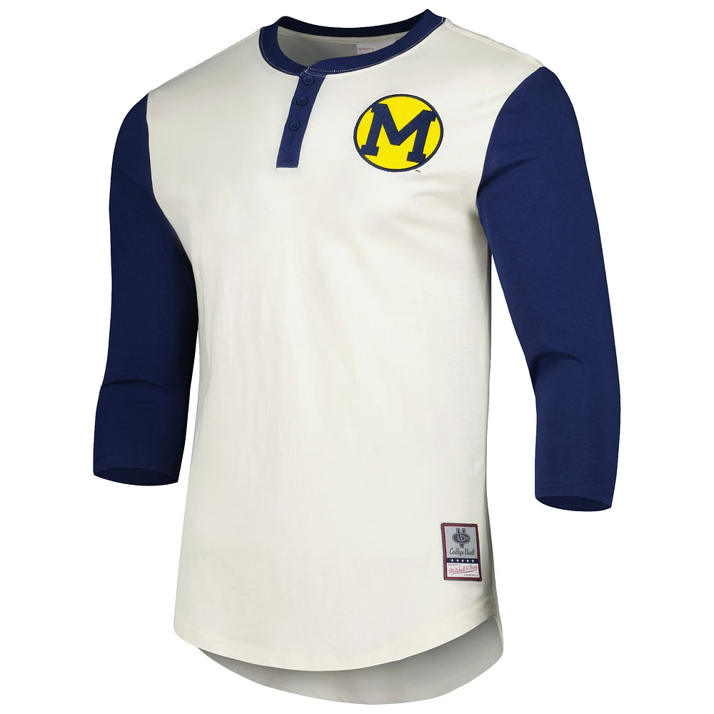 Men's Mitchell & Ness Cream/Navy Michigan Wolverines Icon Raglan Henley 3/4 Sleeve T-Shirt