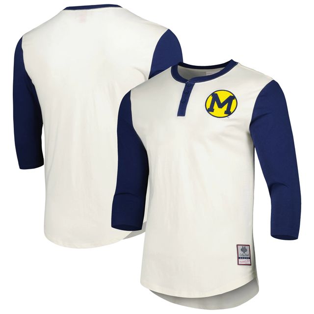 Mitchell & Ness pour hommes crème/bleu marine Michigan Wolverines Icon Raglan Henley T-shirt à manches 3/4