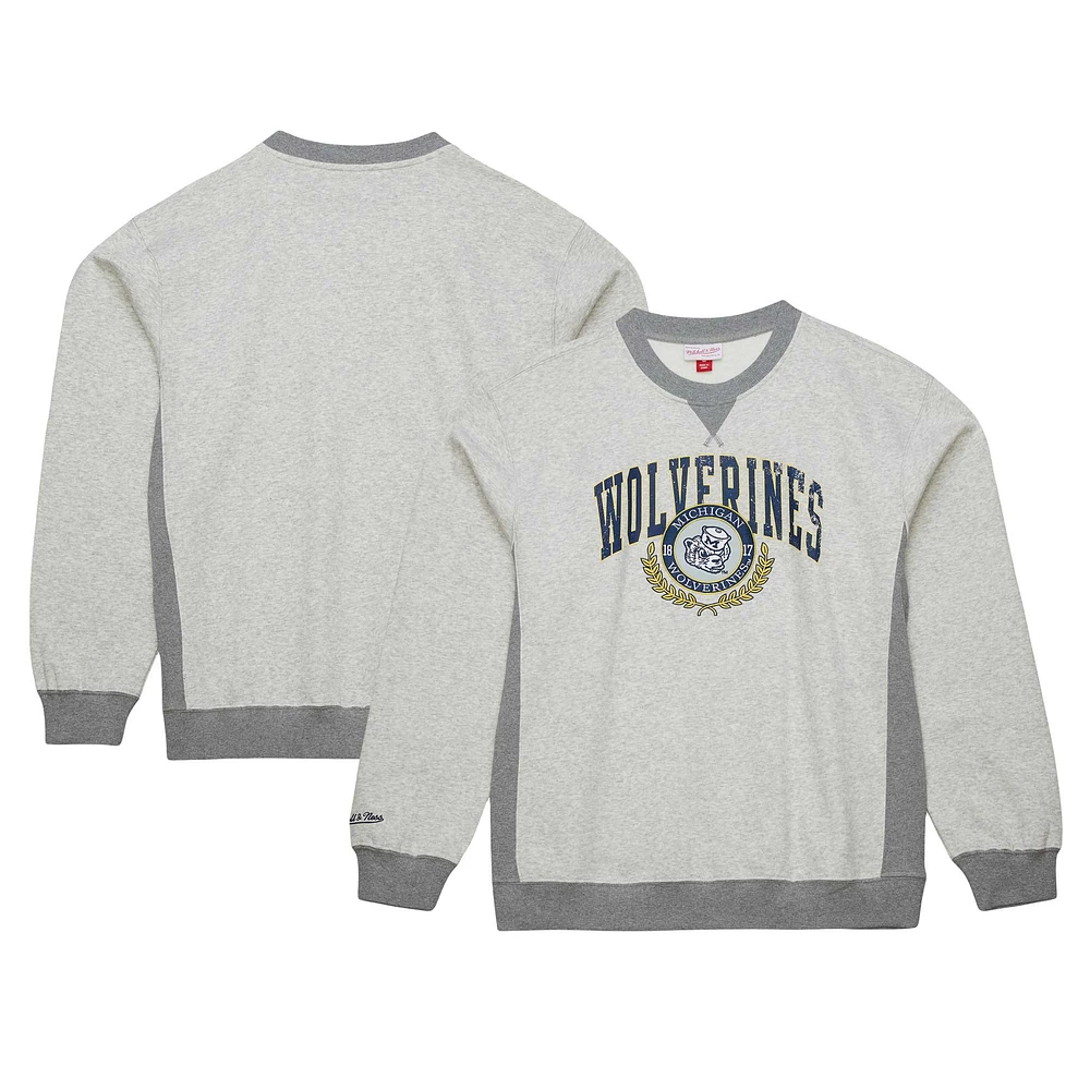 Men's Mitchell & Ness Heather Gray Michigan Wolverines Arched Fleece Crewneck Pullover Sweatshirt