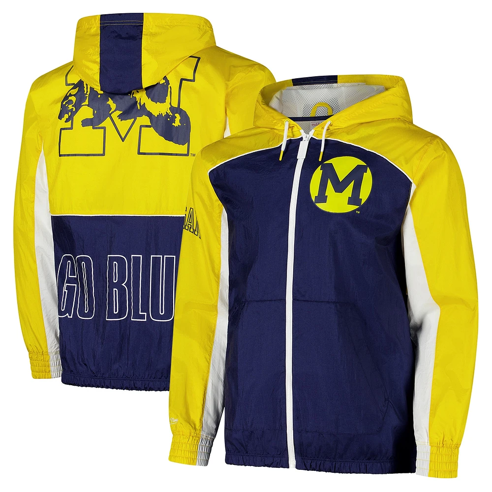 Coupe-vent entièrement zippé de qualité supérieure Big Shot bleu marine Michigan Wolverines Mitchell & Ness pour homme