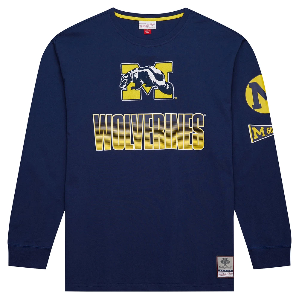 Men's Mitchell & Ness Navy Michigan Wolverines Throwback Allover Long Sleeve T-Shirt