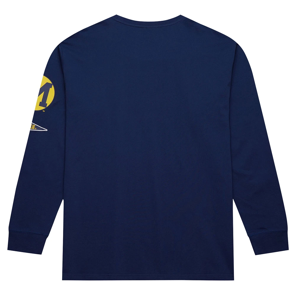 Men's Mitchell & Ness Navy Michigan Wolverines Throwback Allover Long Sleeve T-Shirt