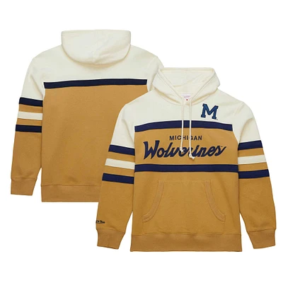 Men's Mitchell & Ness Tan/Cream Michigan Wolverines Vintage Logo Head Coach Pullover Hoodie