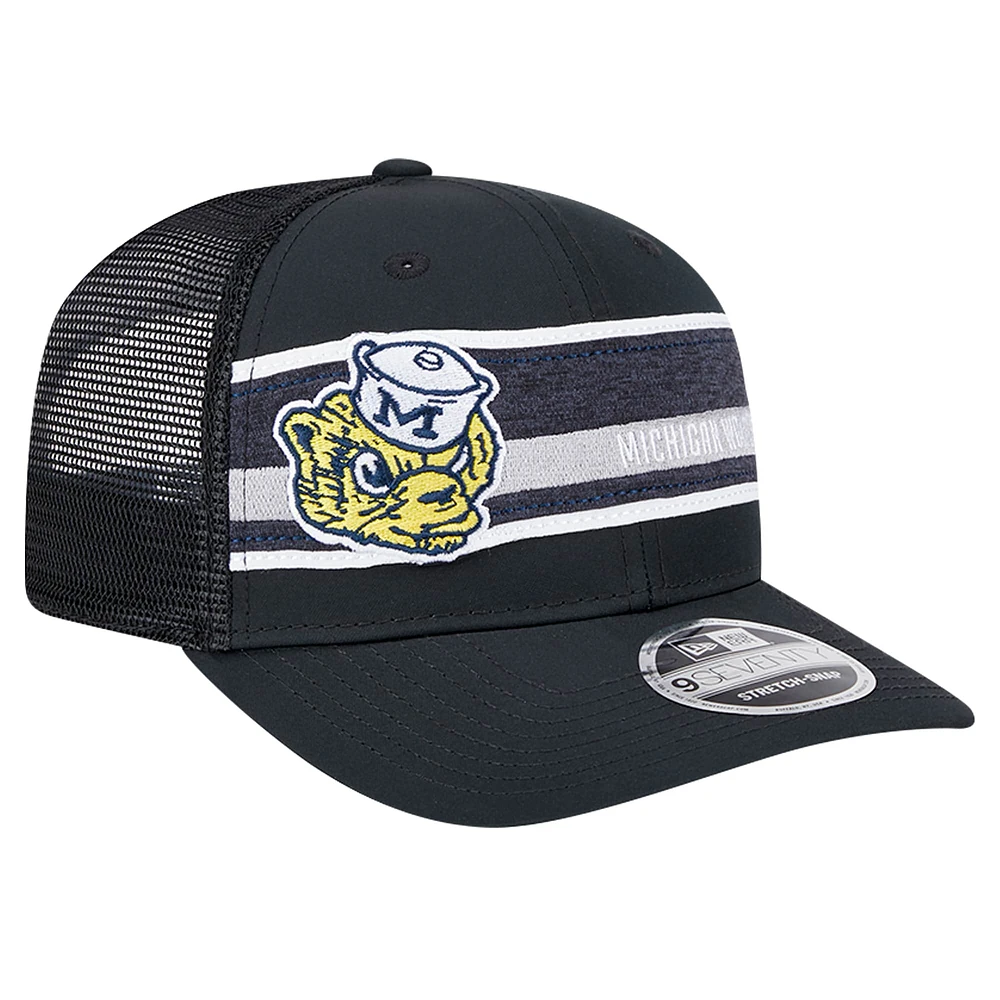 Men's New Era Black/Navy Michigan Wolverines Striped 9SEVENTY Trucker Stretch-Snap Adjustable Hat