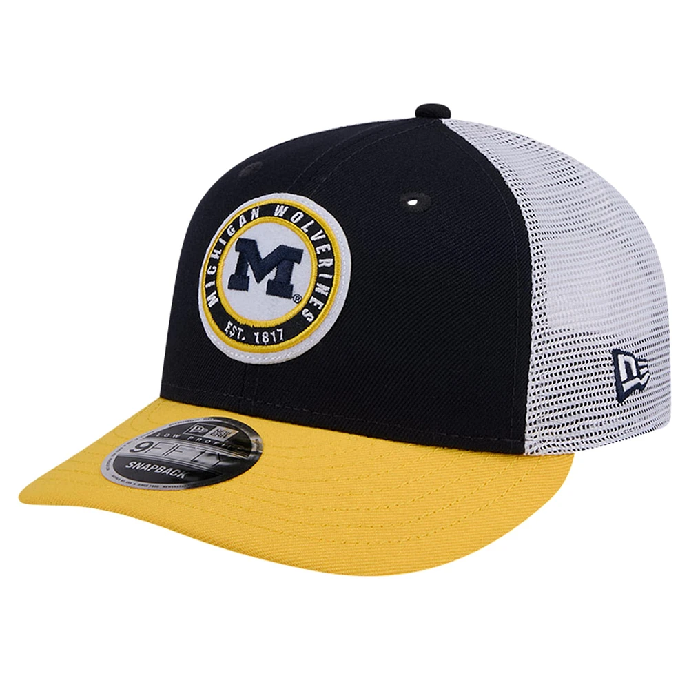 Casquette de camionneur Snapback 9FIFTY New Era pour hommes, Michigan Wolverines Throwback Circle Patch, bleu marine