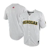 Maillot de baseball Nike pour homme, réplique à fines rayures des Michigan Wolverines, blanc/bleu marine, boutonné sur toute la longueur