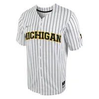 Maillot de baseball Nike pour homme, réplique à fines rayures des Michigan Wolverines, blanc/bleu marine, boutonné sur toute la longueur