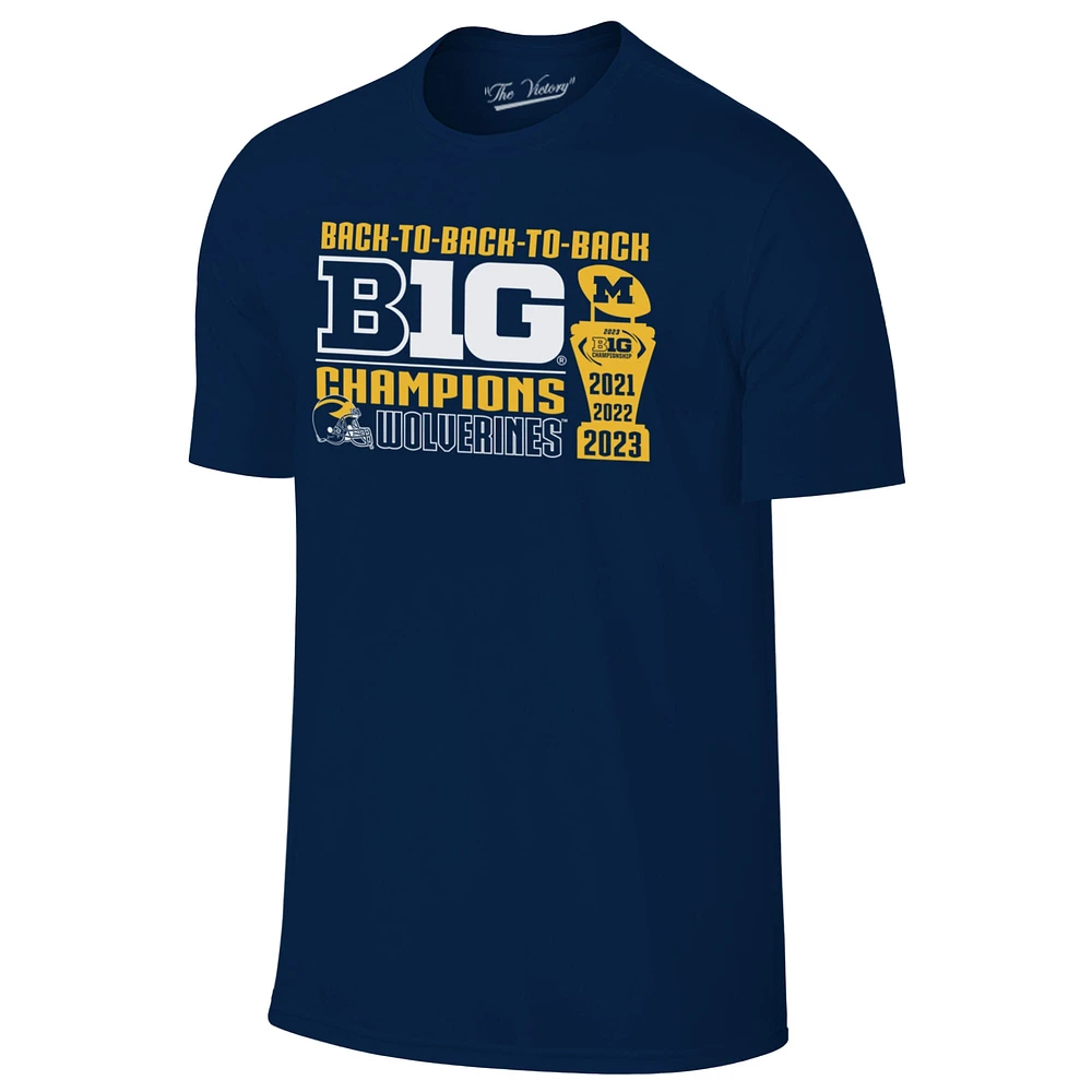 Men's Original Retro Brand Navy Michigan Wolverines Back-to-Back-to-Back Big Ten Conference Champions T-Shirt