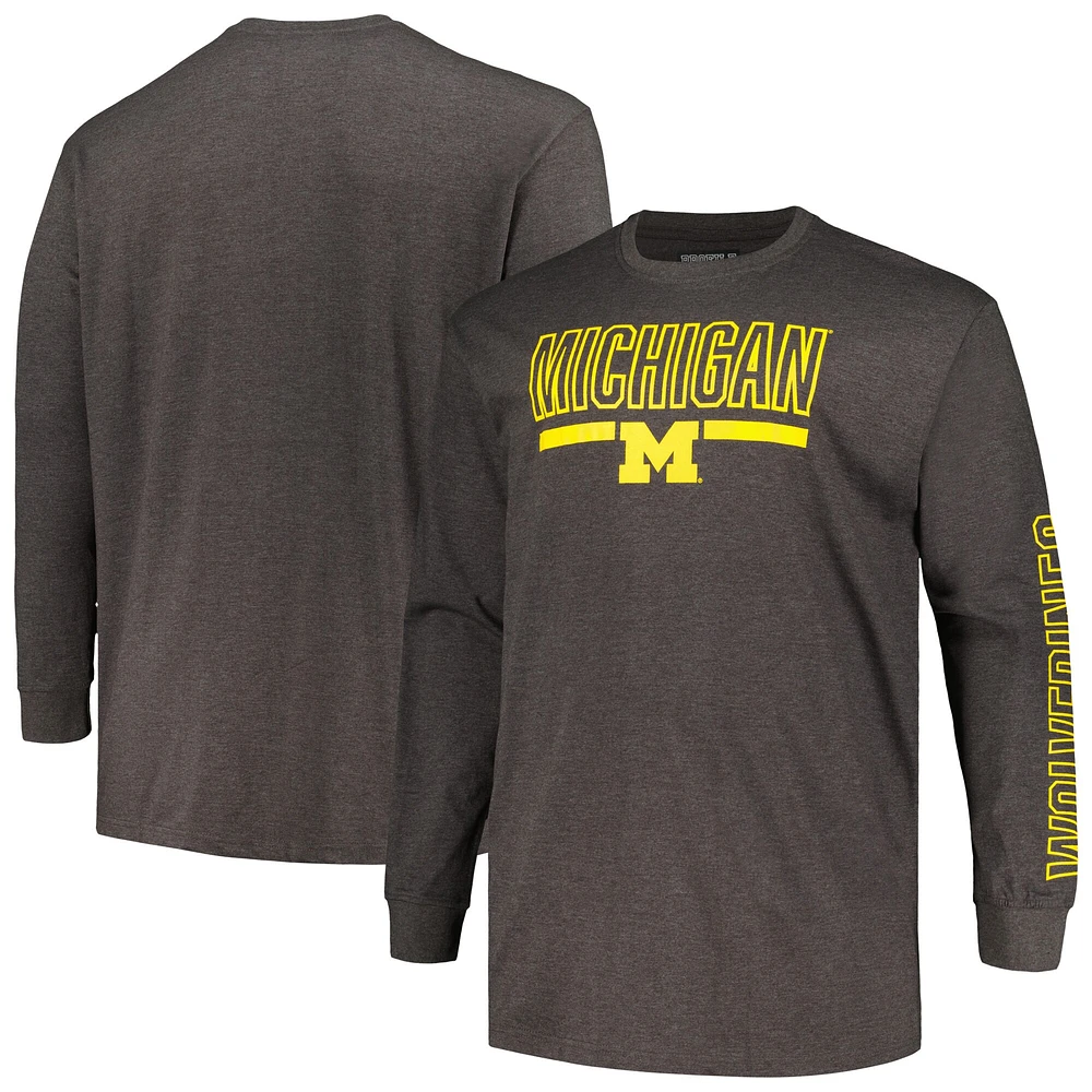 Men's Profile Heather Charcoal Michigan Wolverines Big & Tall Two-Hit Graphic Long Sleeve T-Shirt