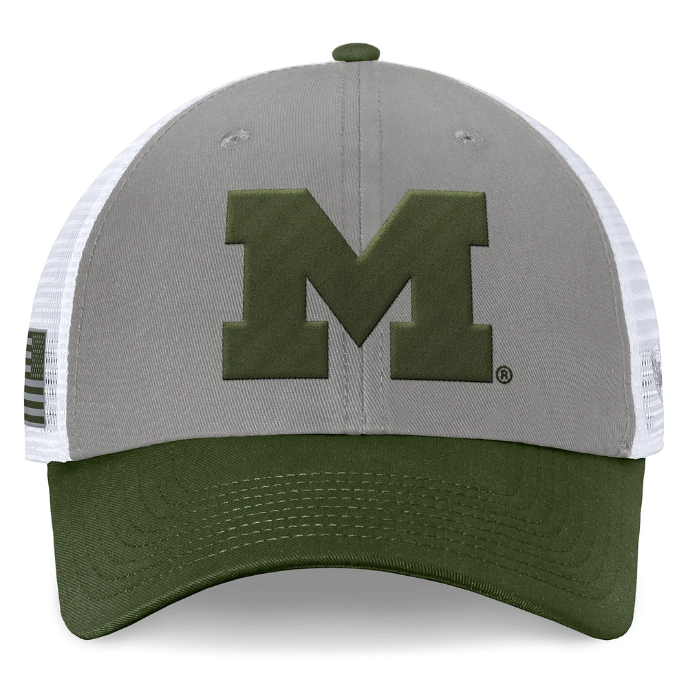 Men's Top of the World Gray/Green Michigan Wolverines OHT Military Appreciation Badge Trucker Adjustable Hat