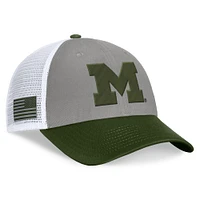 Men's Top of the World Gray/Green Michigan Wolverines OHT Military Appreciation Badge Trucker Adjustable Hat