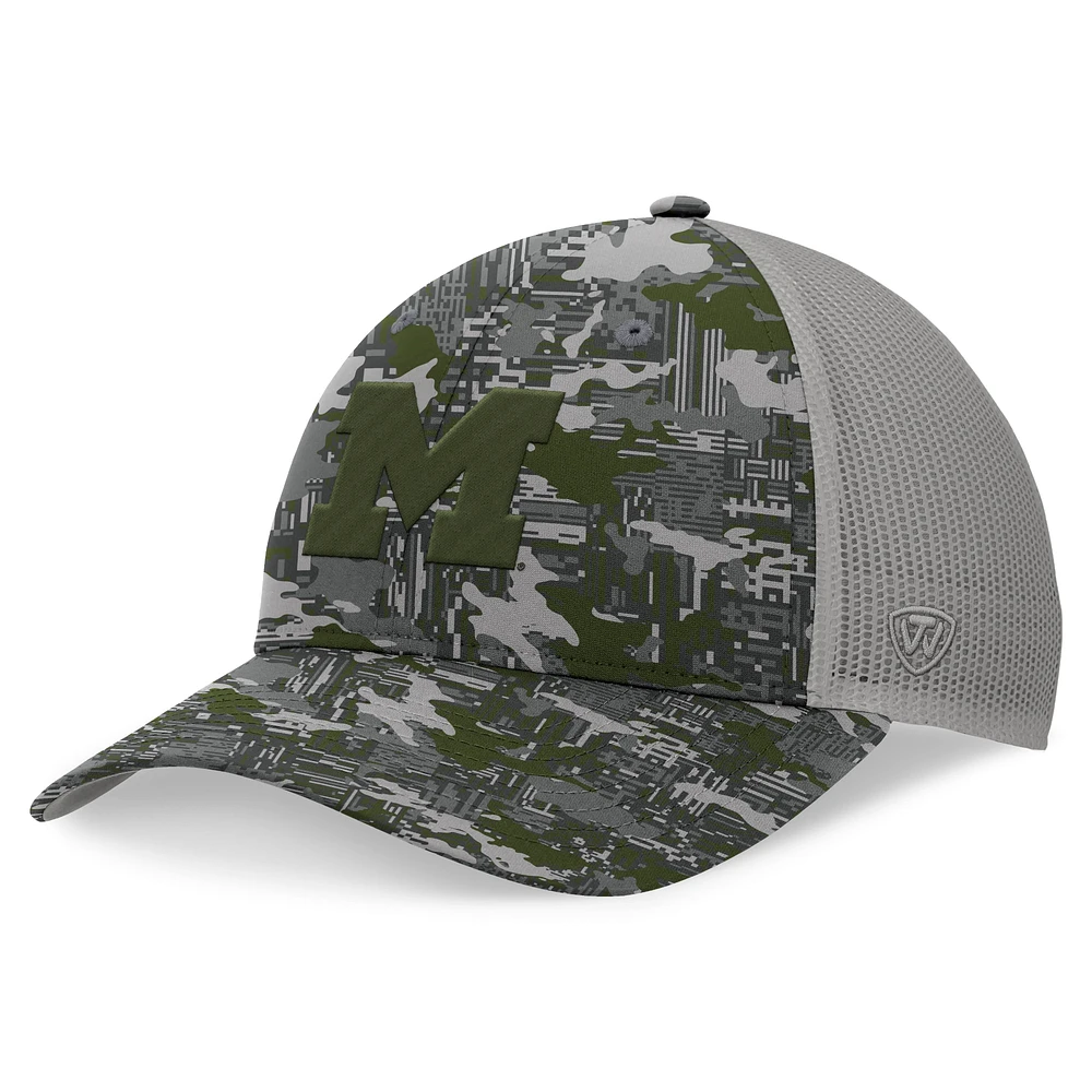 Men's Top of the World Gray Michigan Wolverines OHT Military Appreciation Pledge Trucker Camo Adjustable Hat