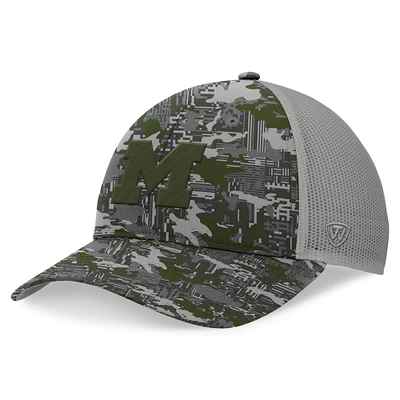 Top of the World pour hommes Gris Michigan Wolverines OHT Military Appréciation Pledge Trucker Camo Casquette réglable