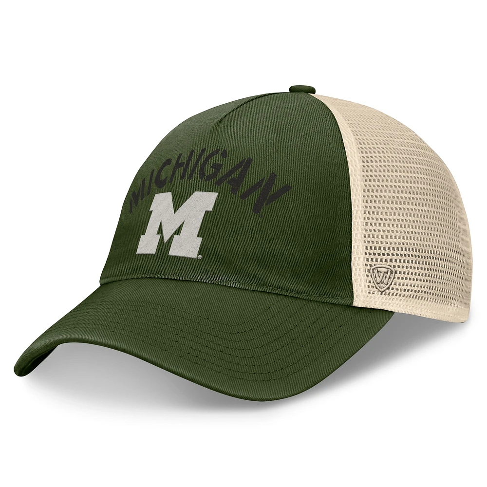 Chapeau réglable pour hommes Top of the World Hunter Green Michigan Wolverines OHT Military Appréciation Glory Trucker