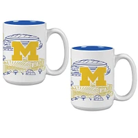 Lot de deux tasses à café Michigan Wolverines de 15 oz avec dessin au trait Campus