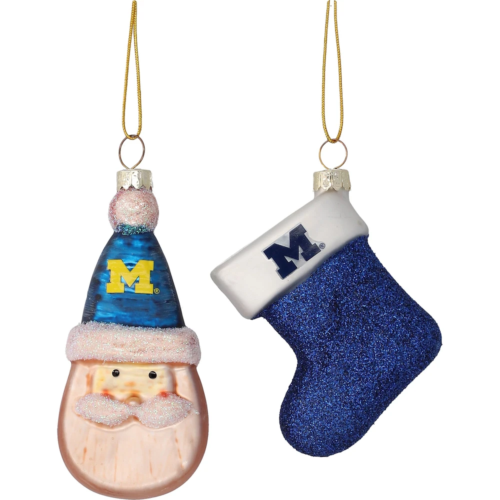 Ensemble de deux décorations en verre soufflé Père Noël et bas Michigan Wolverines