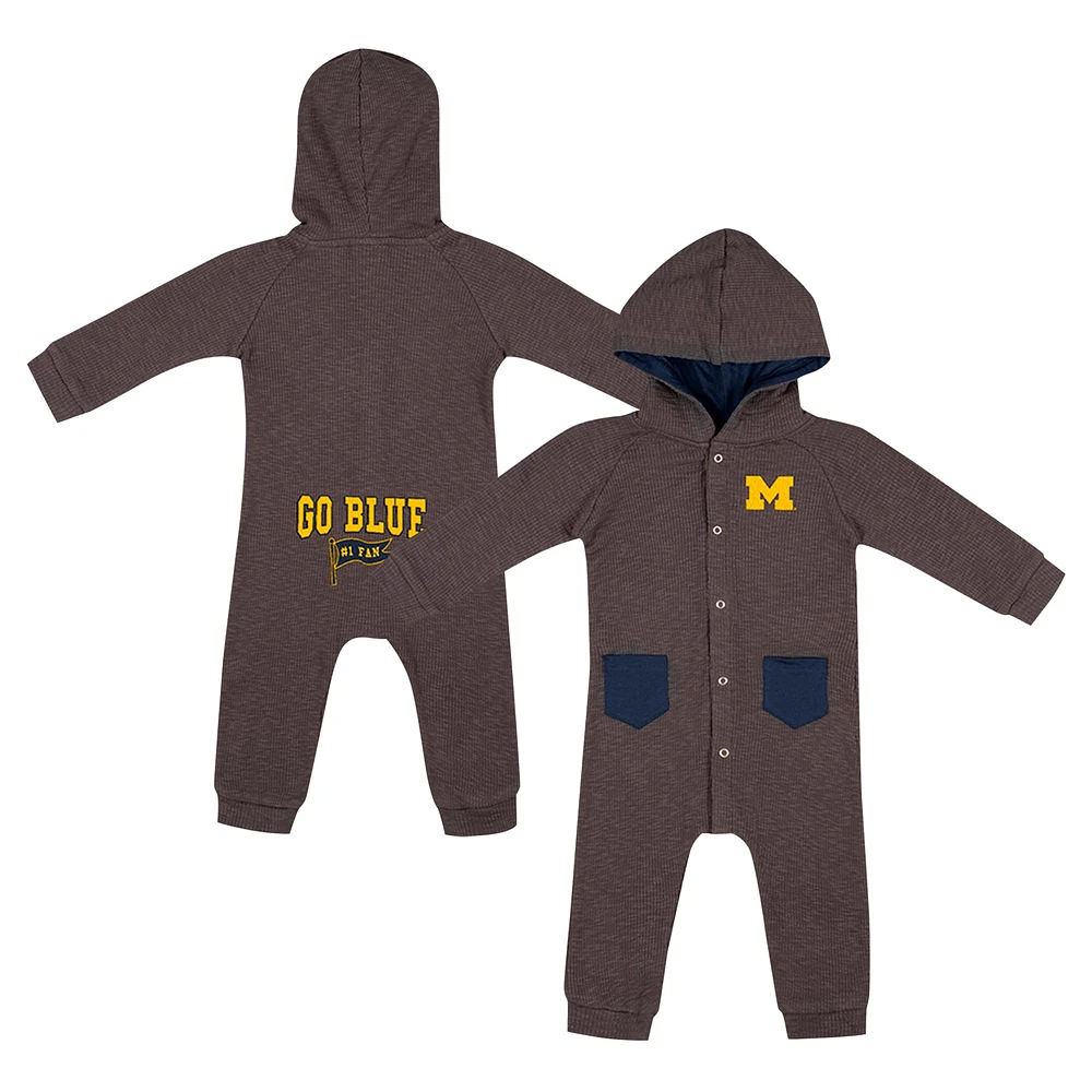 Newborn & Infant Colosseum Charcoal Michigan Wolverines Zando-Zan Waffle Full-Snap Hooded Romper