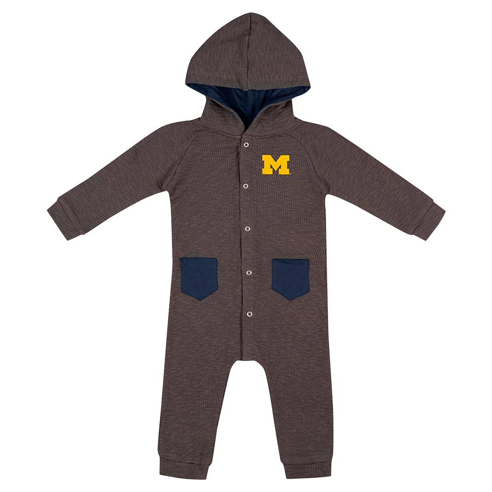 Newborn & Infant Colosseum Charcoal Michigan Wolverines Zando-Zan Waffle Full-Snap Hooded Romper