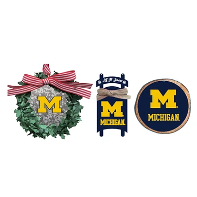 The Memory Company Michigan Wolverines Three-Pack Wreath, Sled & Circle Ornament Set