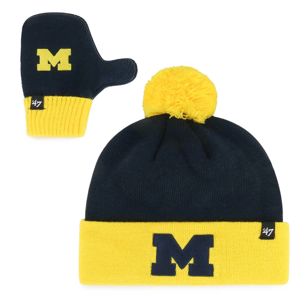 Ensemble bonnet et moufles Bam Bam en tricot à revers avec pompon et moufles pour tout-petits '47 Michigan Wolverines