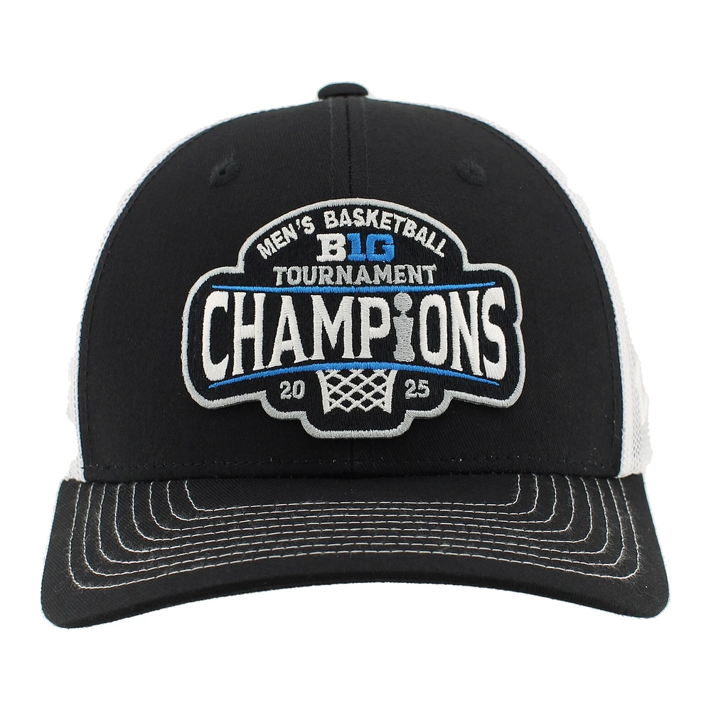 Casquette de camionneur ajustable unisexe Zephyr noir/blanc Michigan Wolverines 2025 Big Ten pour hommes, champions du tournoi de basketball masculin, vestiaire