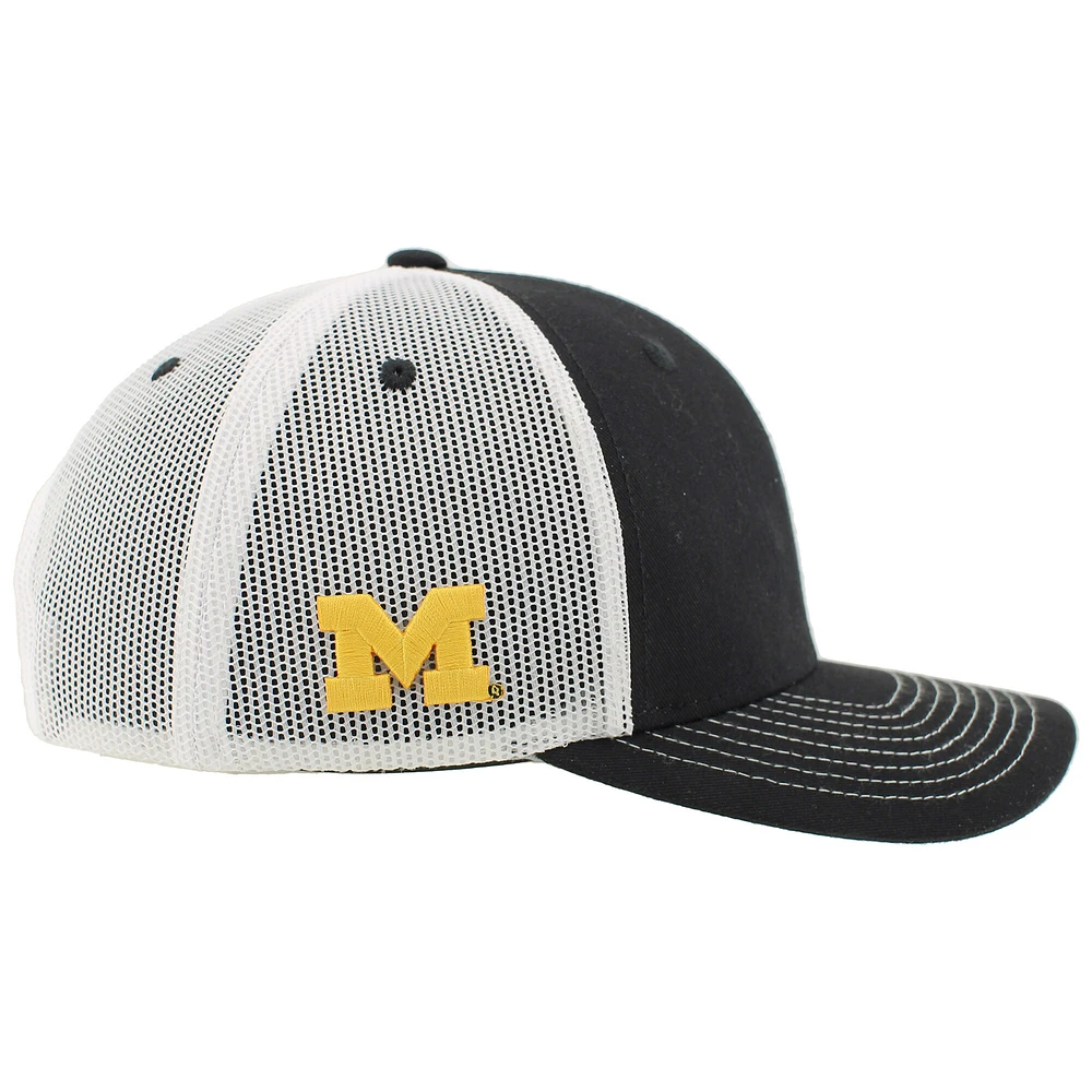 Casquette de camionneur ajustable unisexe Zephyr noir/blanc Michigan Wolverines 2025 Big Ten pour hommes, champions du tournoi de basketball masculin, vestiaire