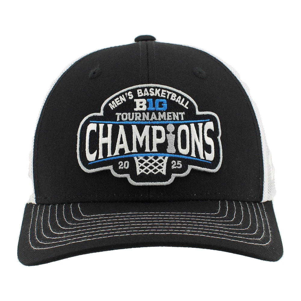 Casquette de camionneur ajustable unisexe Zephyr noir/blanc Michigan Wolverines 2025 Big Ten pour hommes, champions du tournoi de basketball masculin, vestiaire