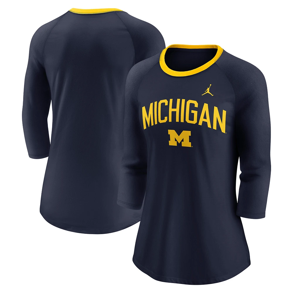 Women's Jordan Brand Navy Michigan Wolverines Tri-Blend Raglan 3/4 Sleeve Top