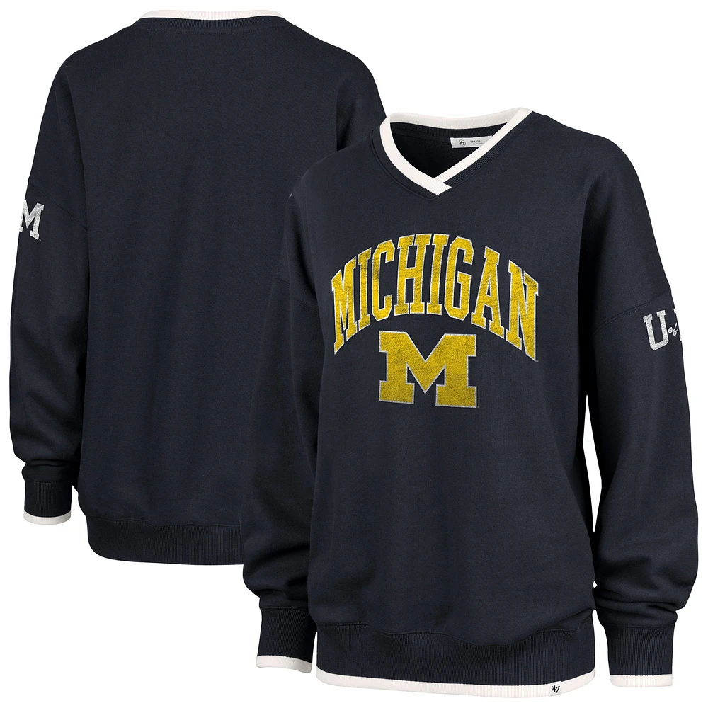 Women's '47 Navy Michigan Wolverines Clubhouse Daze Eighty V-Neck Pullover Sweatshirt