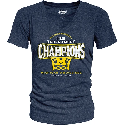 T-shirt à col en V bleu marine 84 Michigan Wolverines pour femme, champion du tournoi de basketball masculin Big Ten 2025, triple mélange