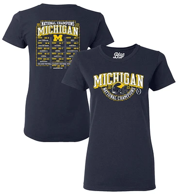 T-shirt bleu marine 84 pour femmes Michigan Wolverines College Football Playoff 2023 Champions nationaux Gold Dust Schedule