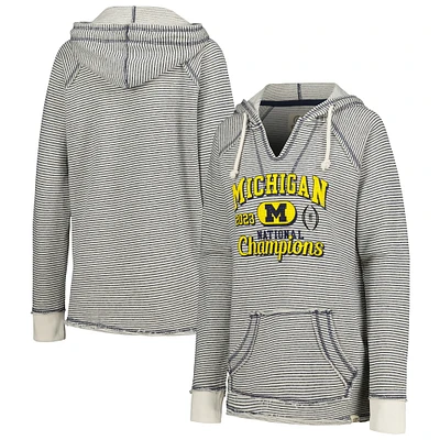 Women's Blue 84  Navy Michigan Wolverines College Football Playoff 2023 National Champions Striped French Terry V-Neck Pullover Hoodie