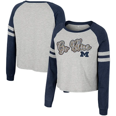 Women's Colosseum Heather Gray Michigan Wolverines I'm Gliding Here Raglan Long Sleeve Cropped T-Shirt