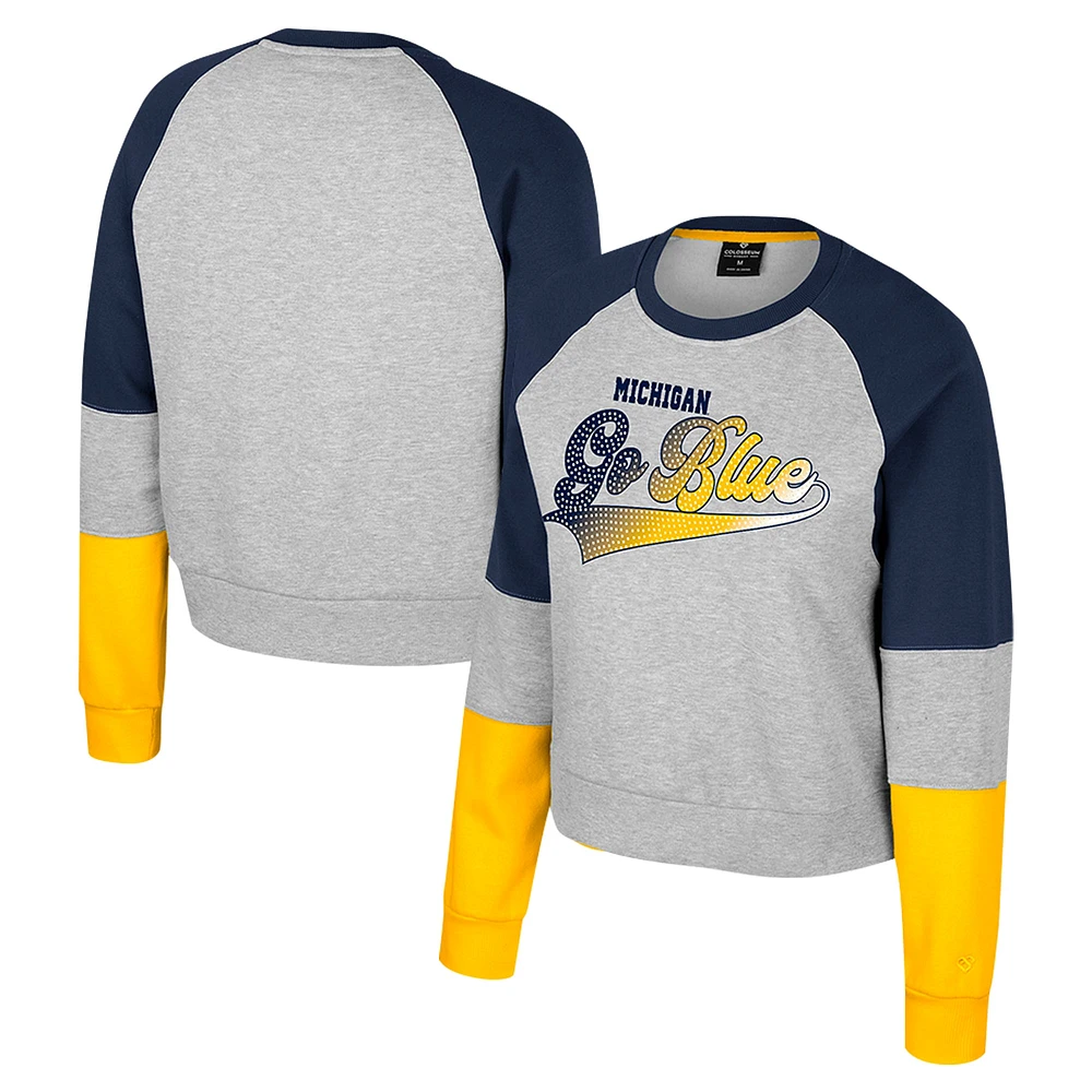 Sweat-shirt à col rond et strass Katinka pour femme Colosseum Heather Grey Michigan Wolverines