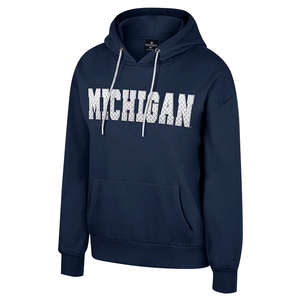 Women's Colosseum Navy Michigan Wolverines Reflection Rhinestone Drawcord Pullover Hoodie