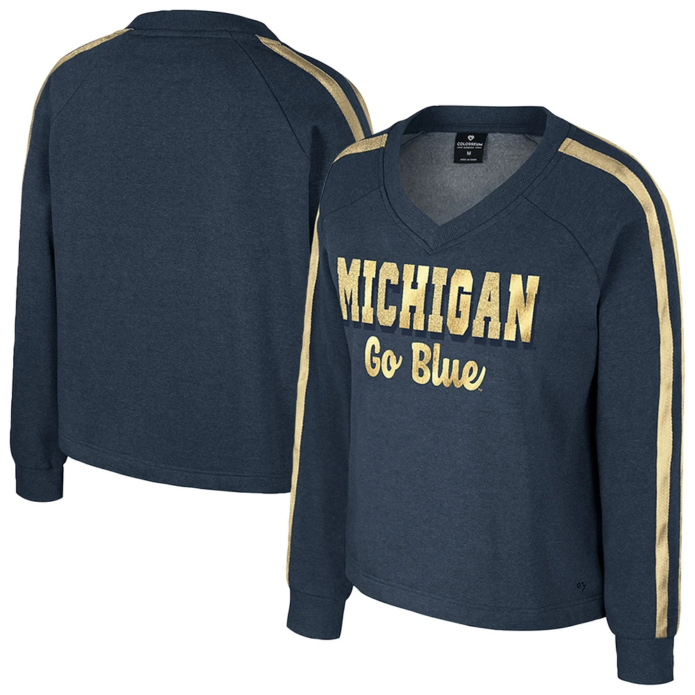 T-shirt à manches longues et col en V pour femme Colosseum Navy Michigan Wolverines Treasures