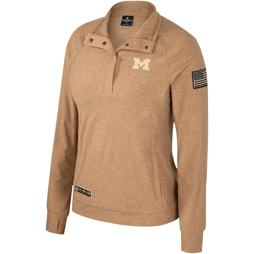 Women's Colosseum Tan Michigan Wolverines OHT Military Appreciation Sand Tatum Quarter-Snap Raglan Jacket