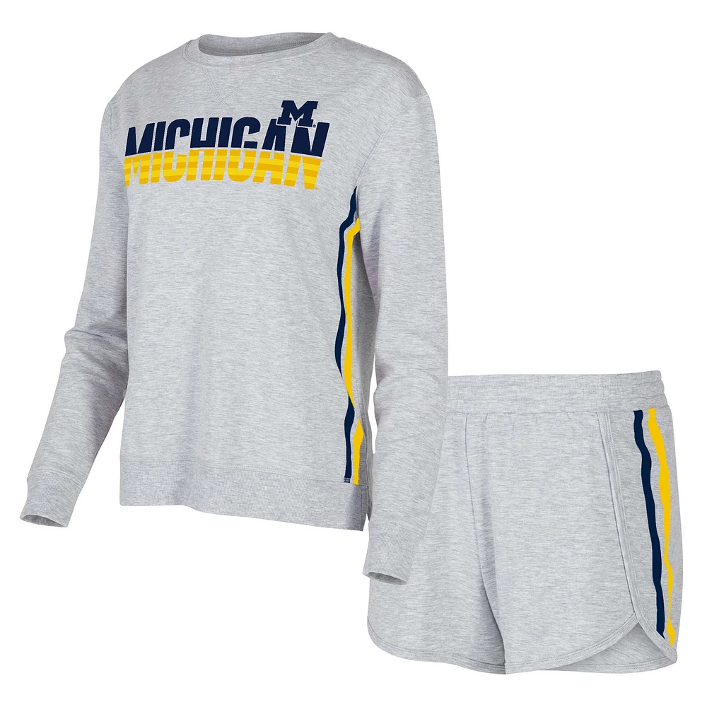 Ensemble de nuit Concepts Sport gris Michigan Wolverines Cedar Tri-Blend t-shirt à manches longues et short pour femmes