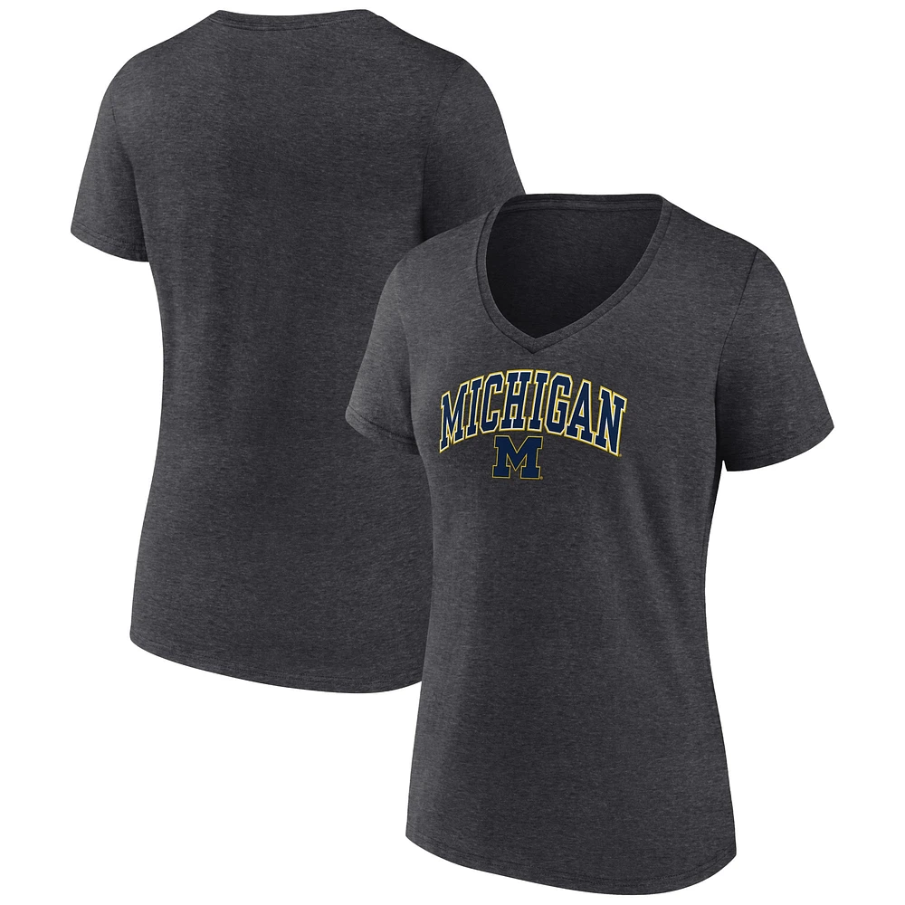 T-shirt col en V pour femme Fanatics Heather Charcoal Michigan Wolverines Campus