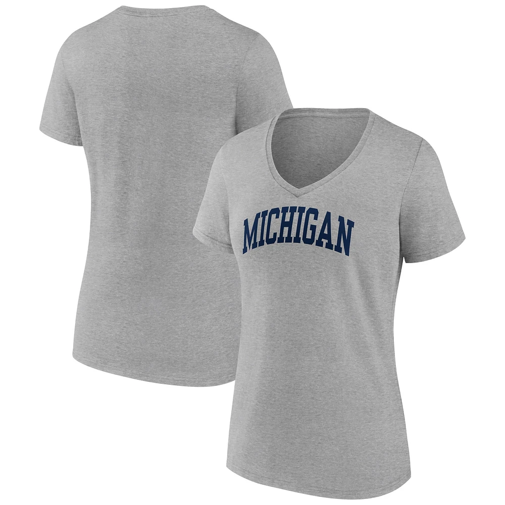 T-shirt col en V basique fanatiques gris chiné Michigan Wolverines pour femmes