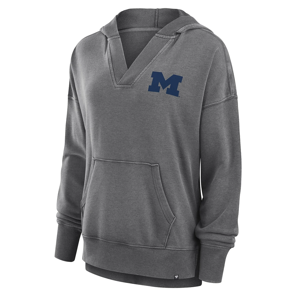 Women's Fanatics  Heather Gray Michigan Wolverines Initiative Snow Wash French Terry V-Neck Pullover Hoodie