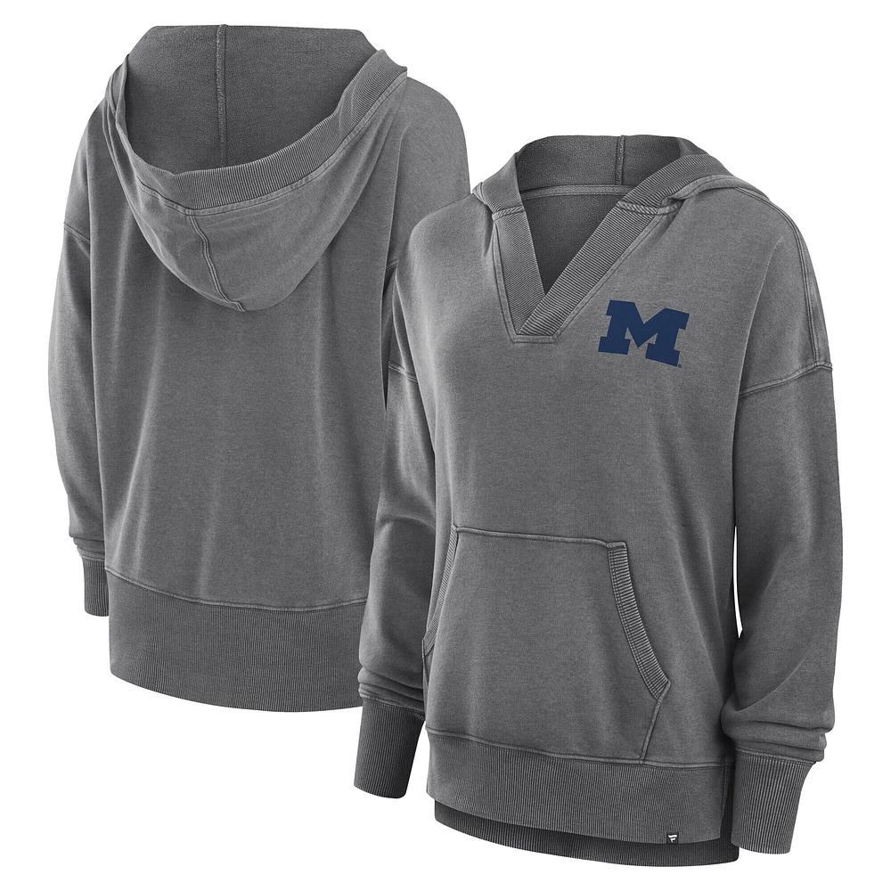 Women's Fanatics  Heather Gray Michigan Wolverines Initiative Snow Wash French Terry V-Neck Pullover Hoodie