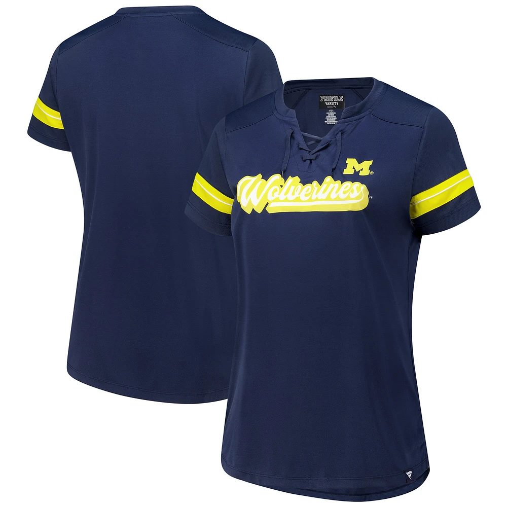 T-shirt à lacets pour femme Fanatics Navy Michigan Wolverines grande taille Overtime Readiness